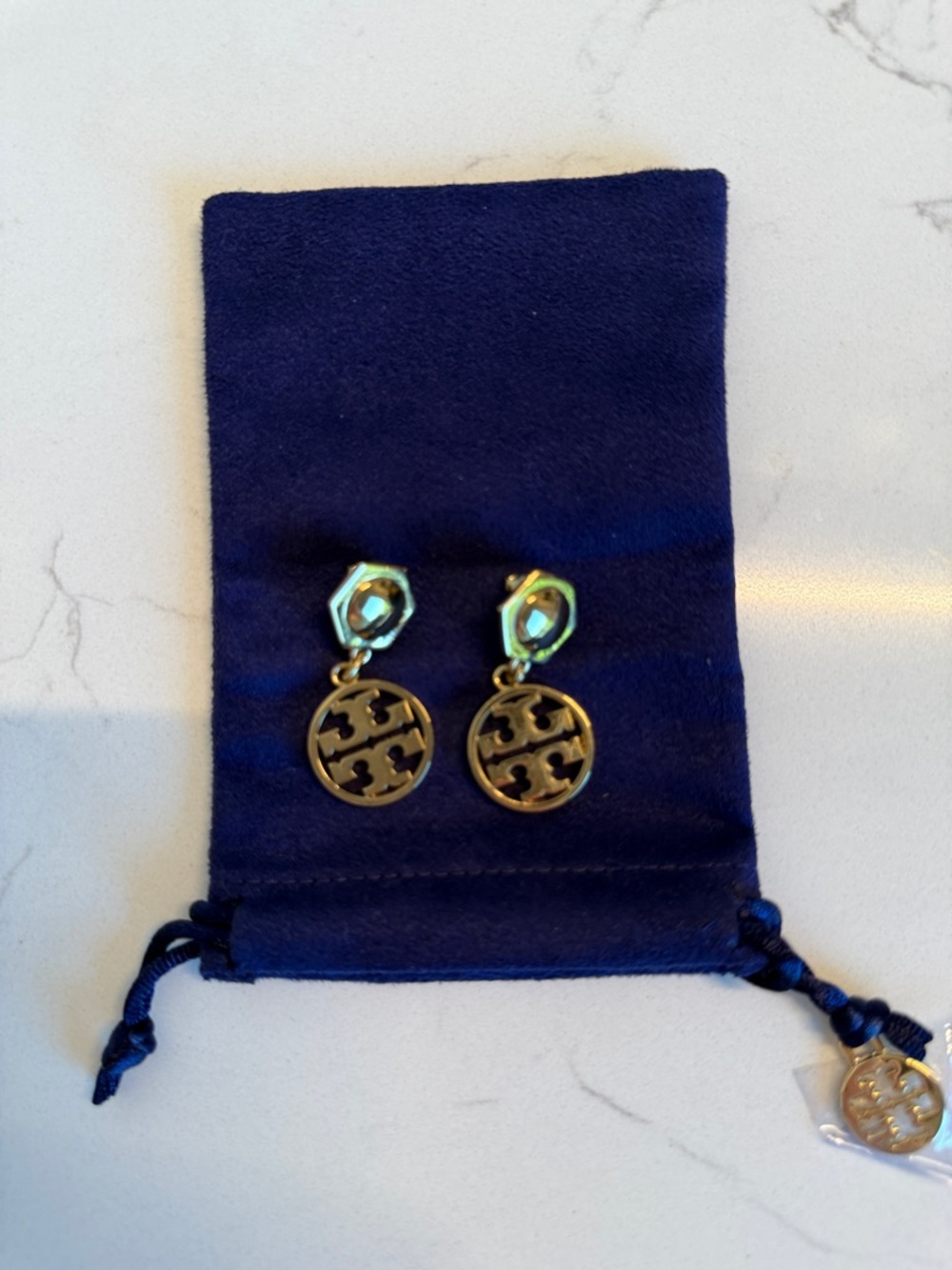 Tory Burch Gold Logo Drop Earrings with Iridescent Tops